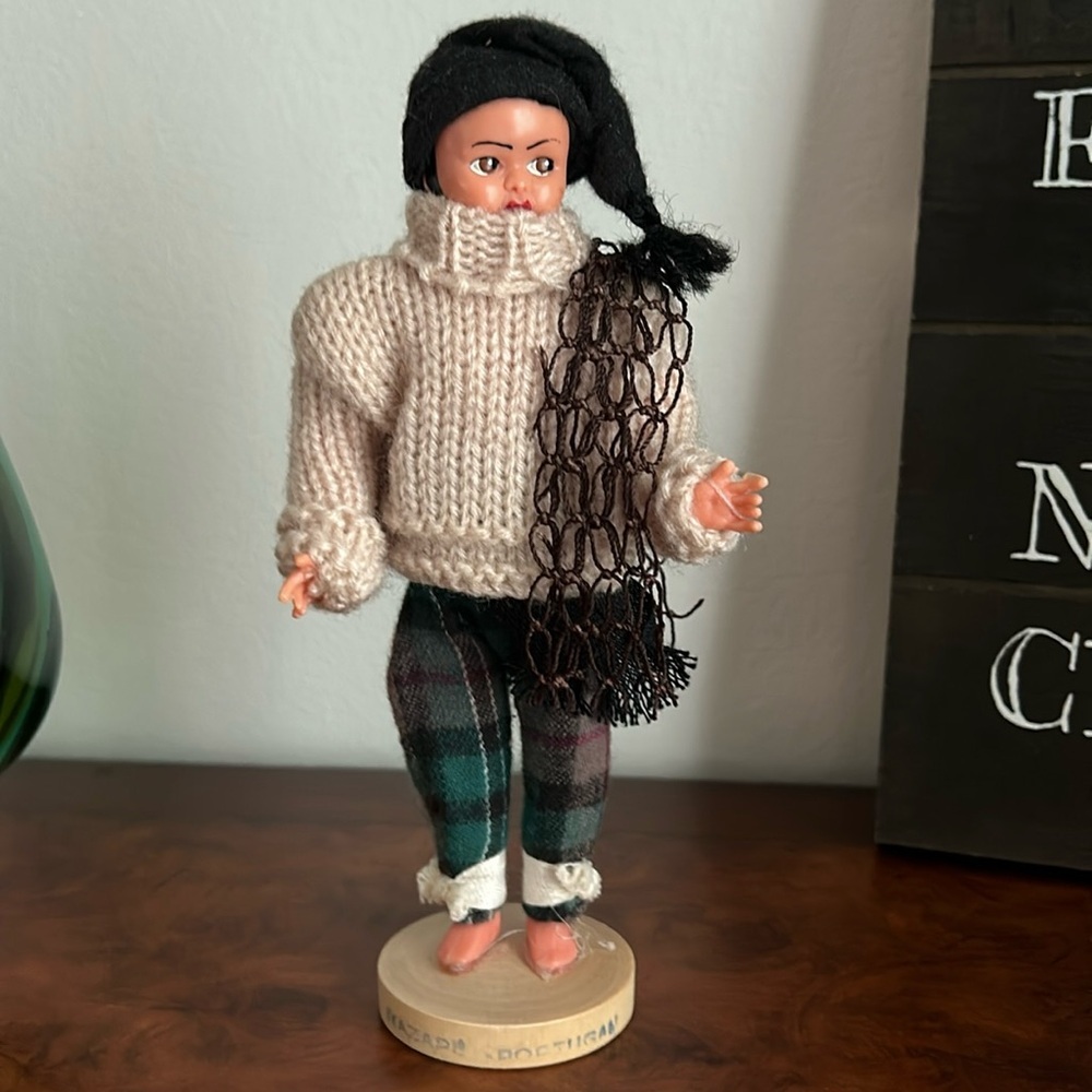 Vintage Celluloid Fisherman Doll Plaid Pants Sweater Portuguese 7 inches doll